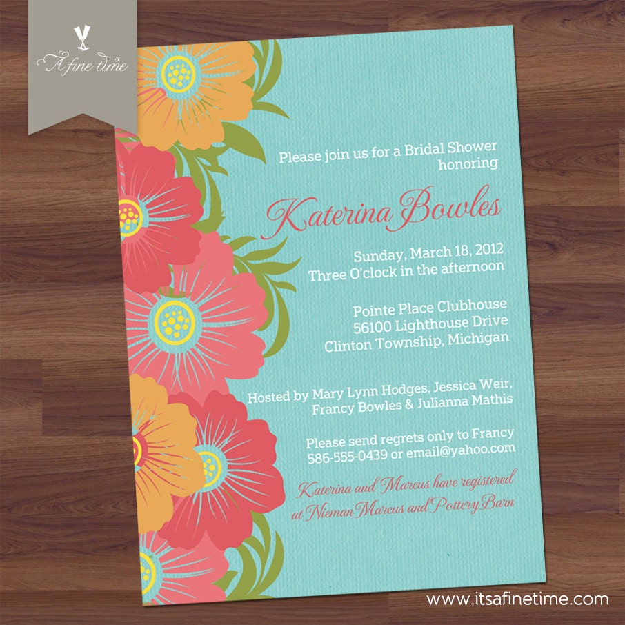 Bridal Shower Invitation - Fabulous Floral - Tropical Flowers, Turquoise, Aqua, Pink, Orange, Coral  (DIY Digital Printable)