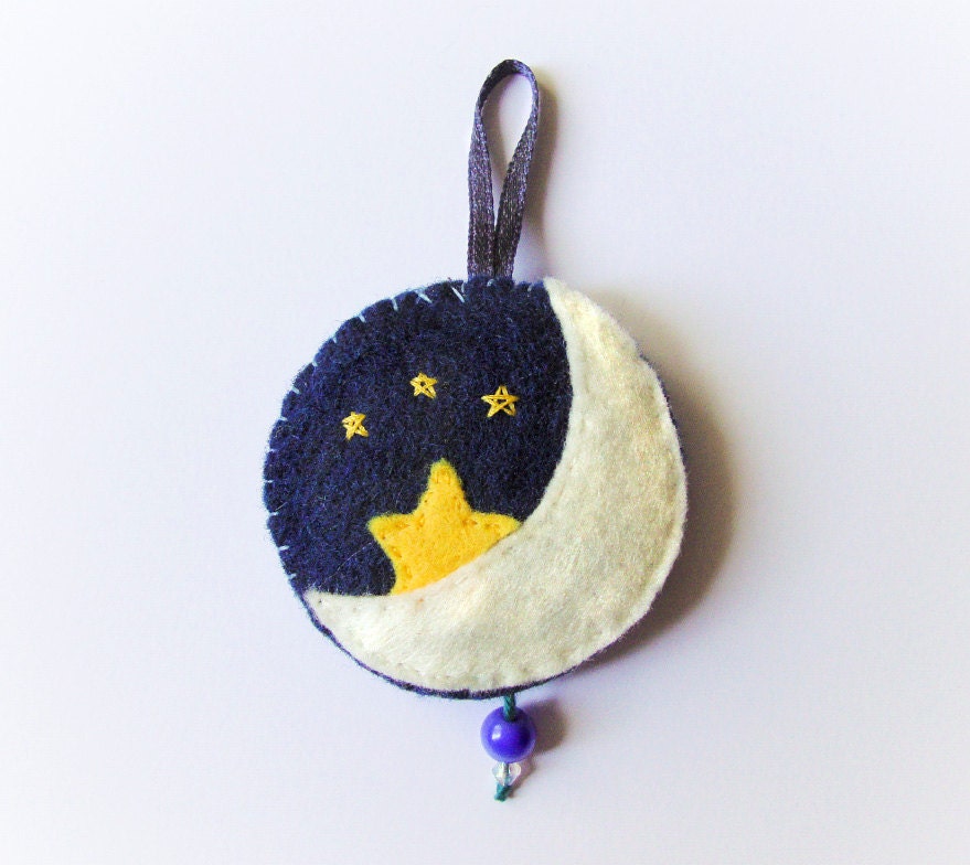 Moon felt ornament, wall decor waxing moon and stars with embroidery