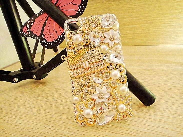 Handmade iphone 5 case, iphone 4S case, iphone 4 case, rhinestone, pearl, crystal,bling,cute,birthday gift, iphone accessories,gold gem