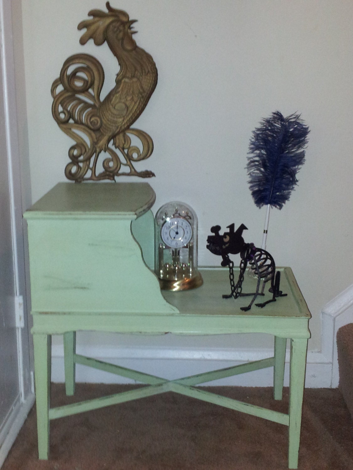 Lamp/Sofa End Table. rust/vintage/Americana/industral/Antique/hardware/cast iron/ glass/paint/metal/latch/brass/copper/patina/Handpainted/fu