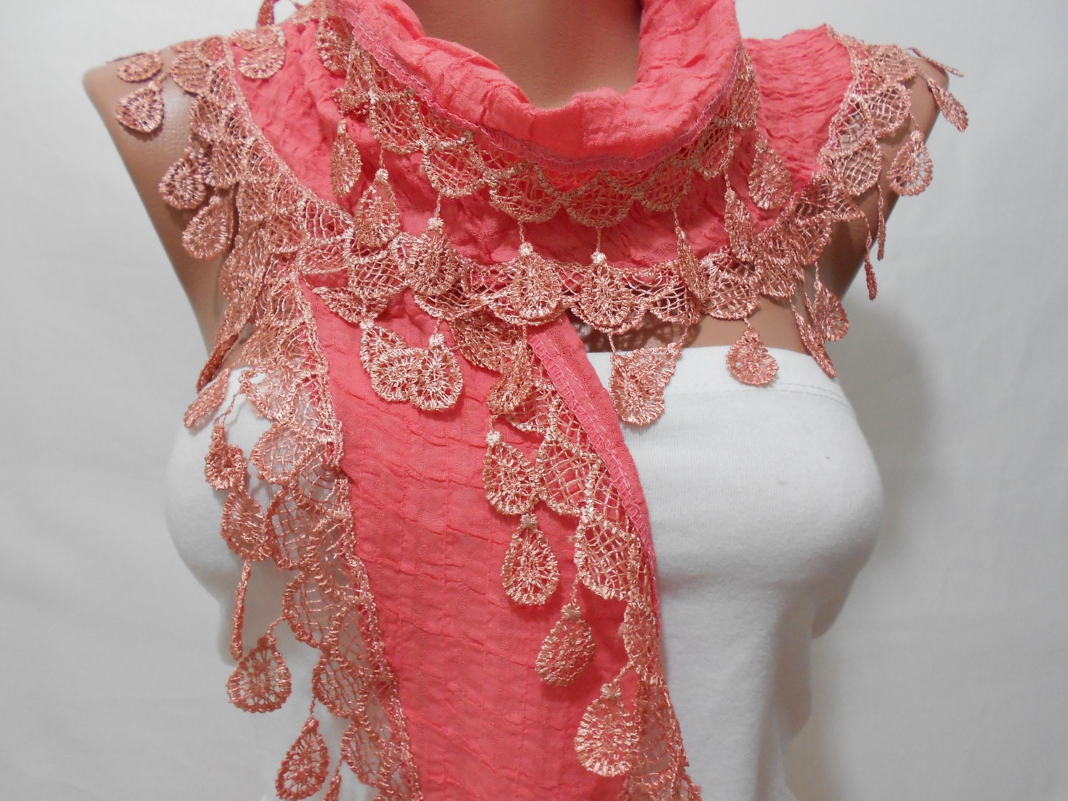 Boho Coral Scarf Shawl, Salmon Pink Cowl Scarf with Lace Edge, Peach Cotton Scarf - Gift For Mom For Her Bridesmaids Gift - Scarf Club