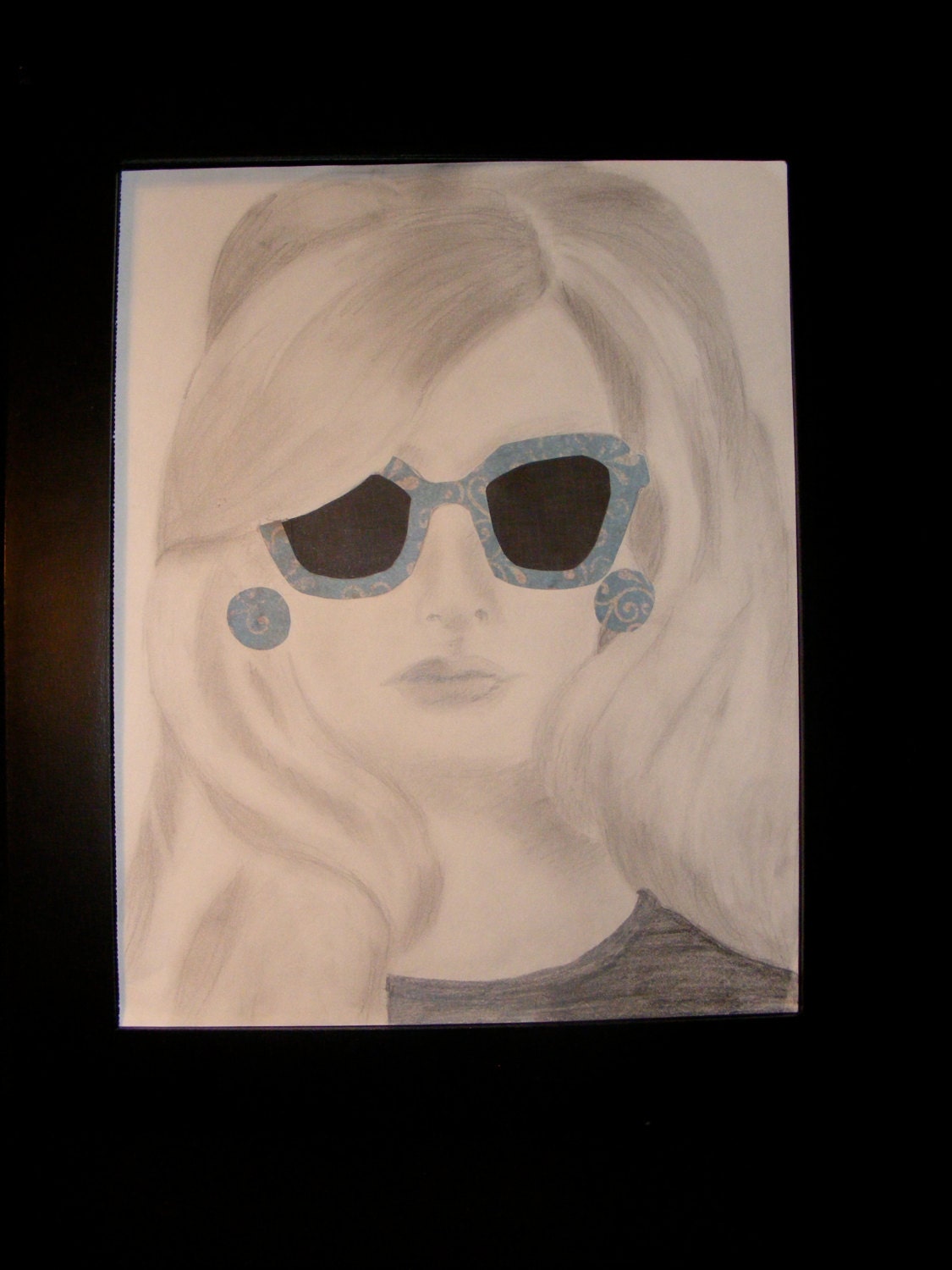 Pencil drawing, Vintage fashion figure with sunglasses