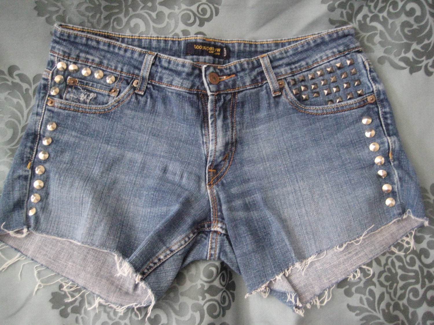 Silver Studded Recycled Custom Handmade Denim Shorts Size 11