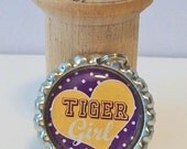 Fun Purple and Gold Heart Tiger Girl LSU Flattened Metal Bottlecap Pendant Necklace