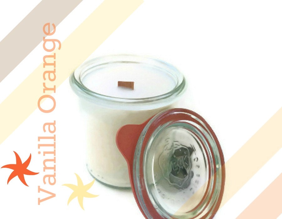 Small Vanilla Orange Scented Soy Wax Wooden Wick Candle 4 Ounces
