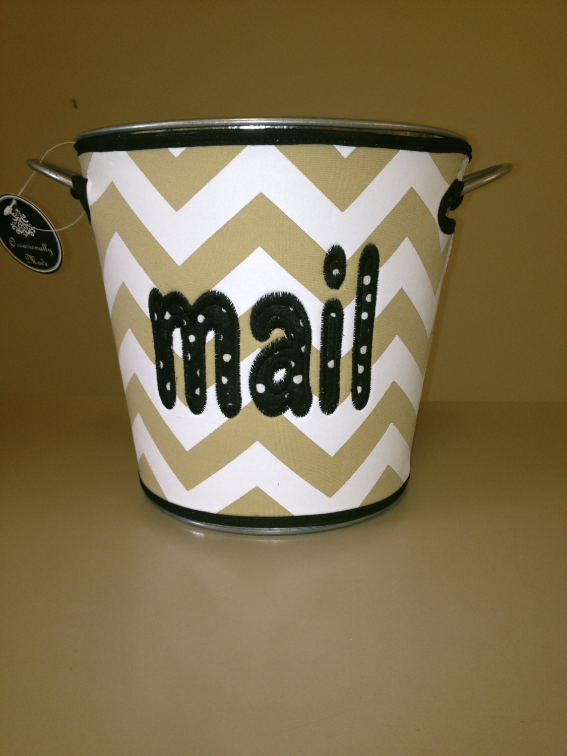 Aluminum bucket catch-all mail cover tan chevron black and white polka dots