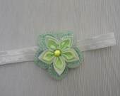 Sage Green White Baby Girl Handmade Crochet Flower Satin Elastic Headband - No Slip Hair Clip - Snap Clip - Barrette - Toddler Head Band