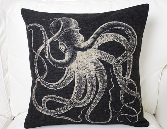 Linen Pillow animal Pillow cover  Octopus Cushion cover black pillow cover Home Decor Throw pillow Decorative pillow18"