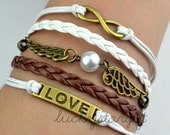 Lovely wings infinity & infinite love charm bracelet with white leather and white rope brown leather braided bracelet style bracelet-Q228