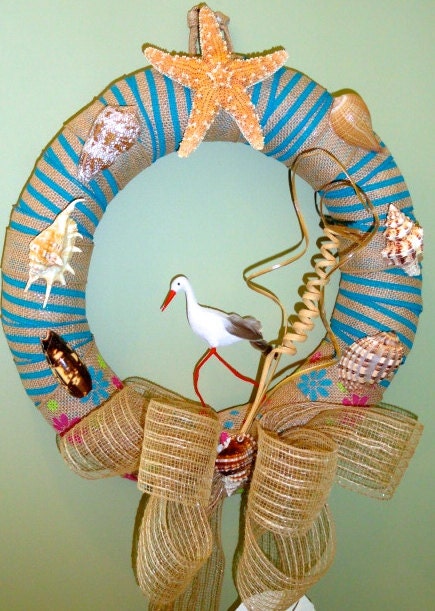 Beach or Summer Wreath with Real Starfish, Sand Dollar, and Seven Lovely Shells, an Egret with Long Legs and Curled Open-Weave Burlap Ribbon