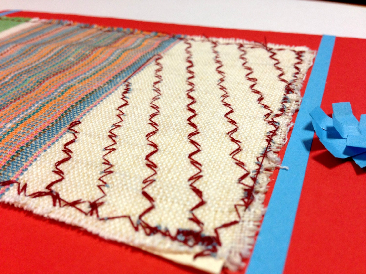 Handmade traditional  2013 Greeting Card - with retro fabric - deep red