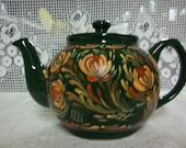 A Nice Green Glazed Stoneware Tea Pot, a Thrift Store Find, Hand  Painted in a Rosemaled, Folkart Style.