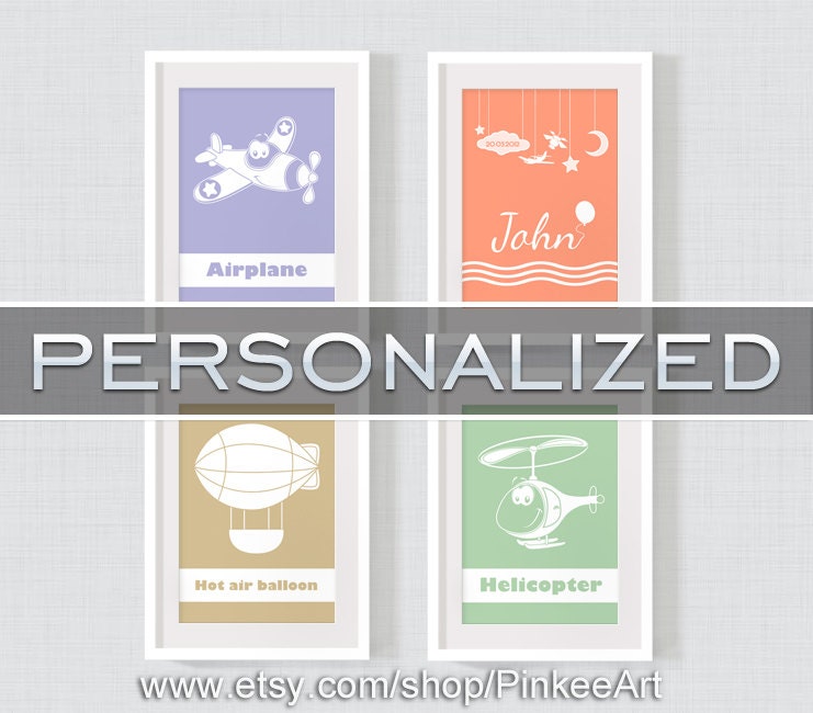 Nursery art print, childrens room decor, custom baby boy room nursery, airplane kids wall art, personalized kids art Set of 4, 13x18cm, 5x7