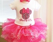 Pink Cheetah Minnie Mouse Shirt and Skirt Set with Matching Hair Bow Headband