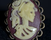 Unique Burgandy/Brown & Ivory Skeleton/Skull Cabochon/Cameo adjustable ring (steampunk, gothic, alternative, indie, vintage, retro)