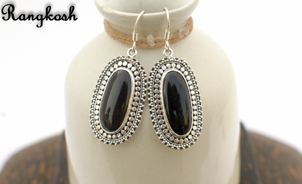Sterling Silver Black Onyx Dangle Earrings -  Simple Dangle Bollywood Earrings