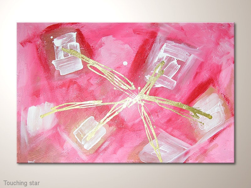 Unique modern art painting: "touching star" - abstract artwork -contemporary wall decoration - acrylics-red,white,gold,design
