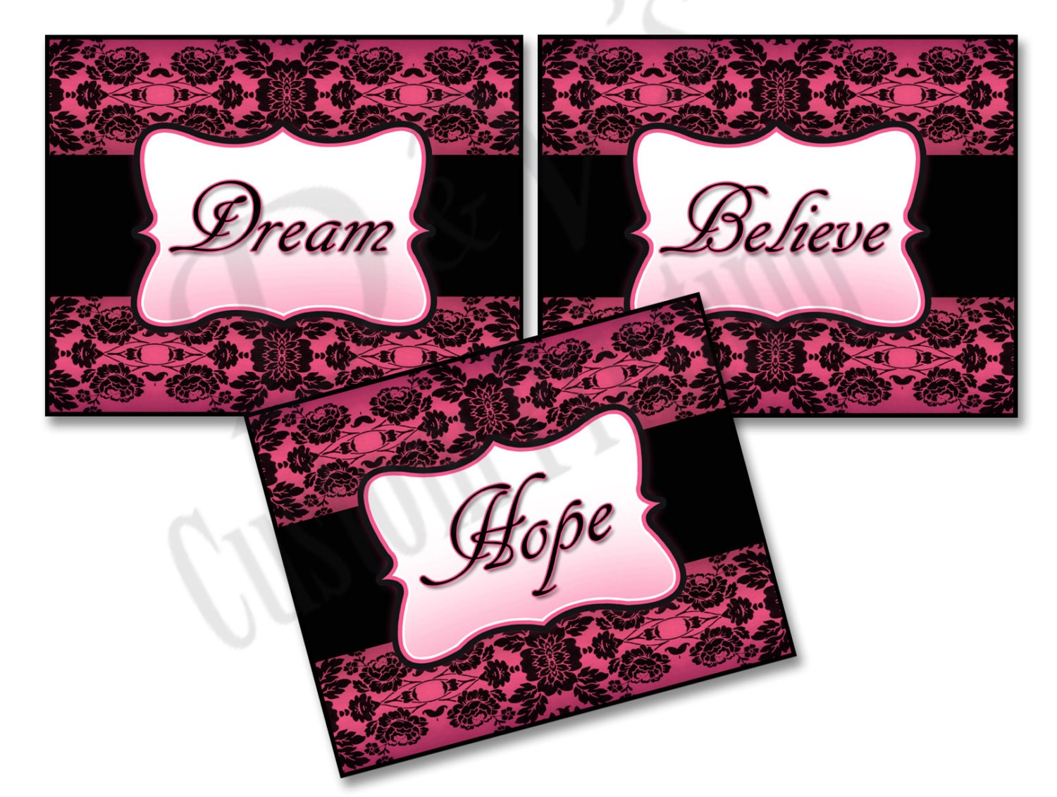 3- (8x10) Hot Pink Damask Print Pictures  'Believe, Dream, Hope' - "Quote Art"  Room Wall Inspiration Art