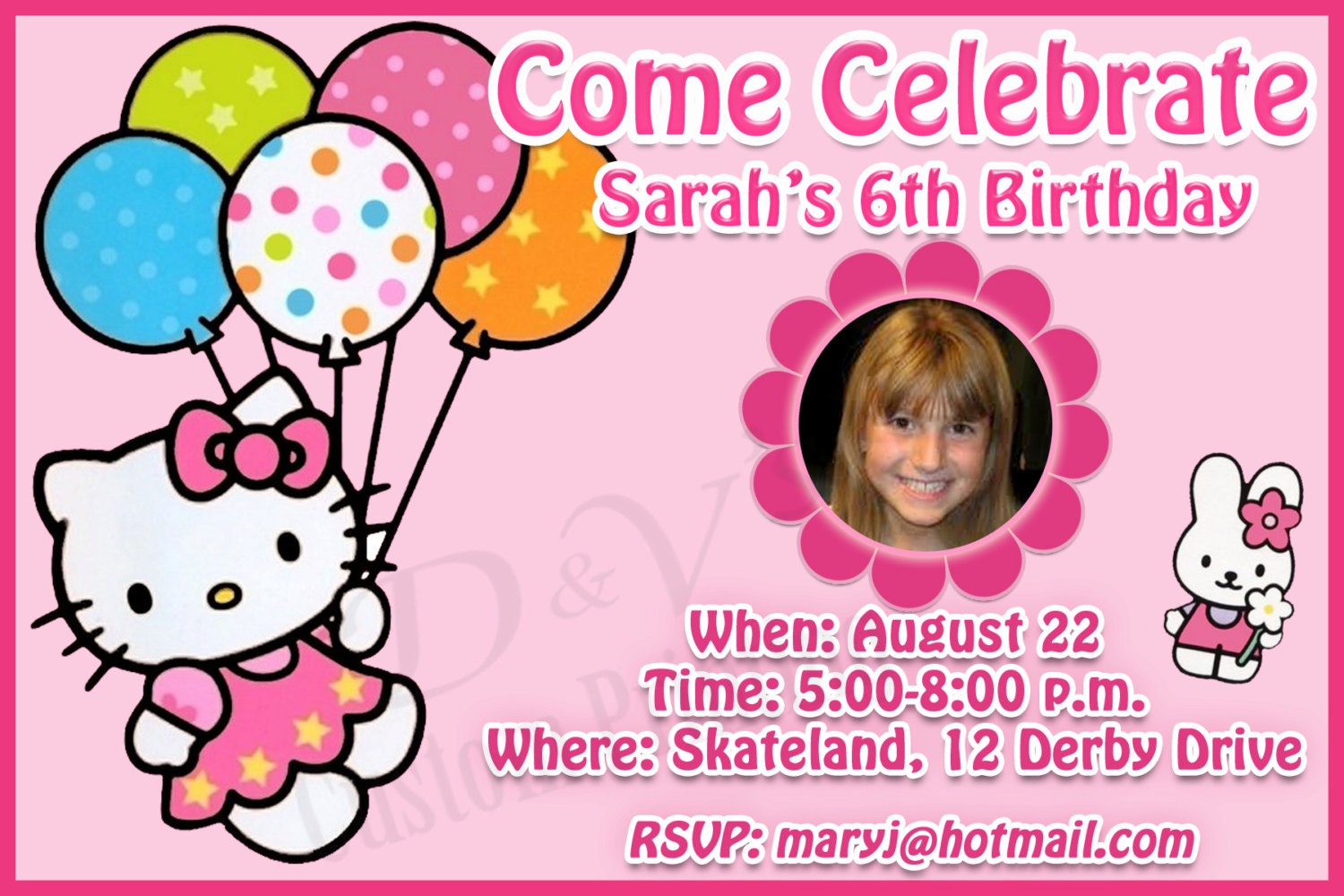 Hello Kitty Customized 4x6 Birthday Party Invitations "Personalized"  Name & Picture