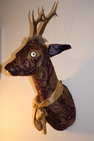 Faux Taxidermy Fabric Deer Stag Trophy Head purple gold paisley