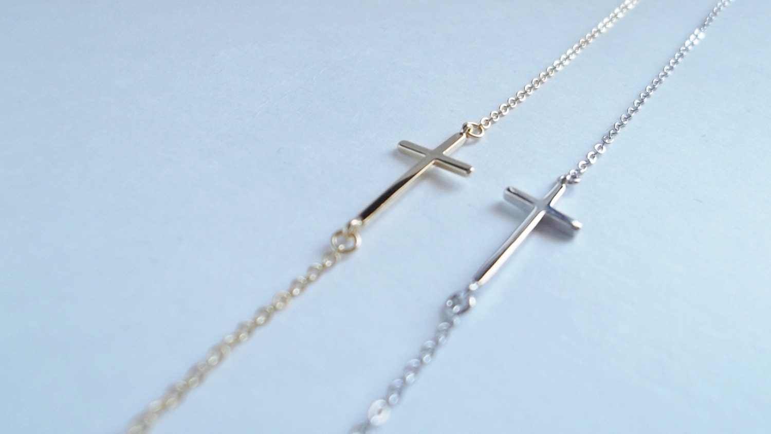 Side cross necklace, availble in rhodium cross and 16k gold plated cross