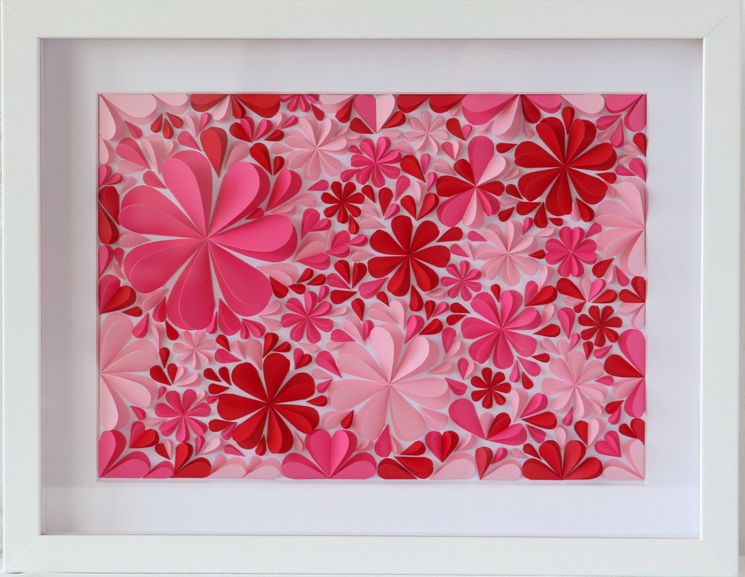 White Box Frame Handmade 3D Art Blossom Flowers Garden Hearts Handcut Pink Wall Decoration Deco Gift Birthday Wedding Anniversary Spring