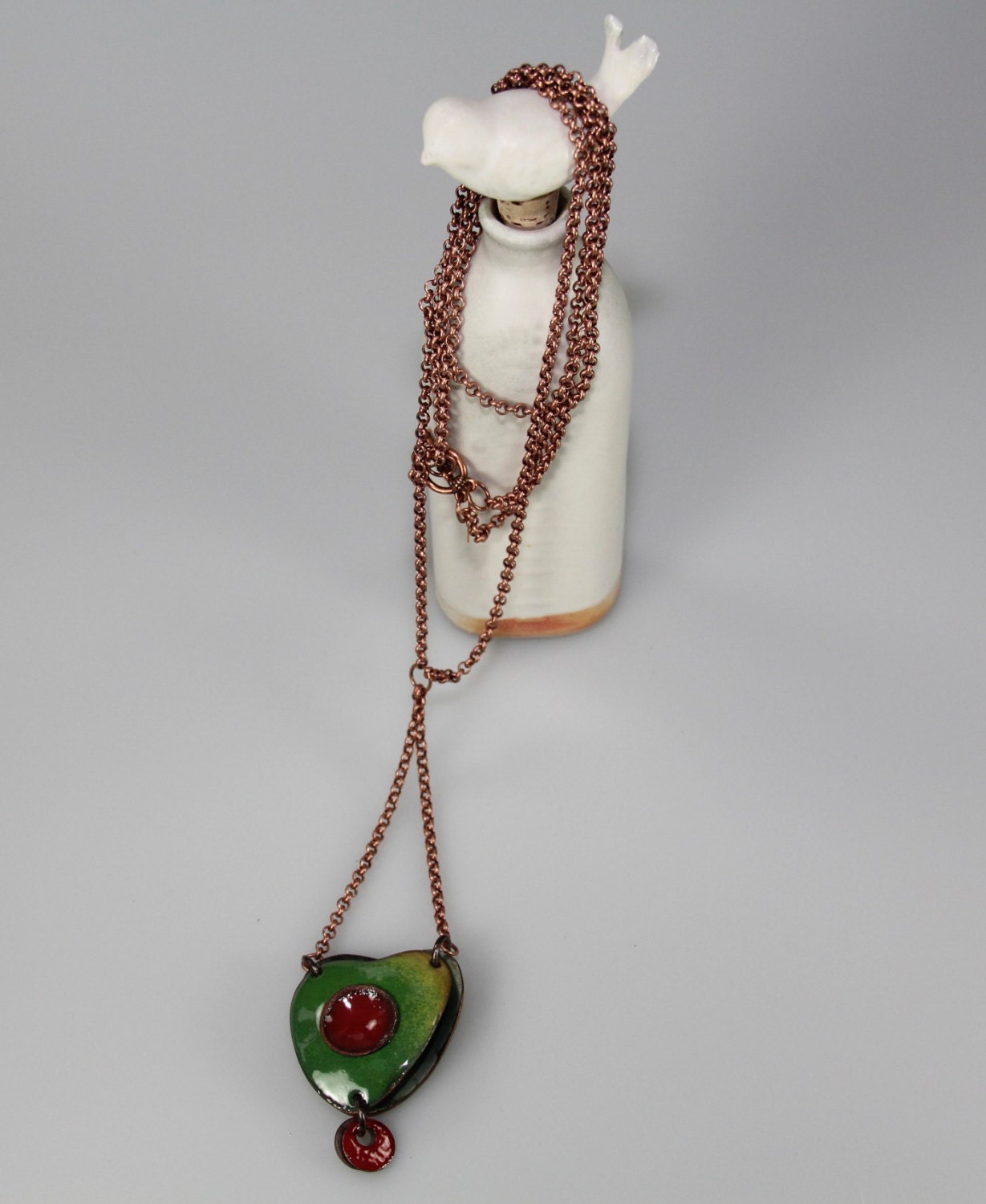 necklace of enameled, formed copper pendant, on long, copper plated brass chain.