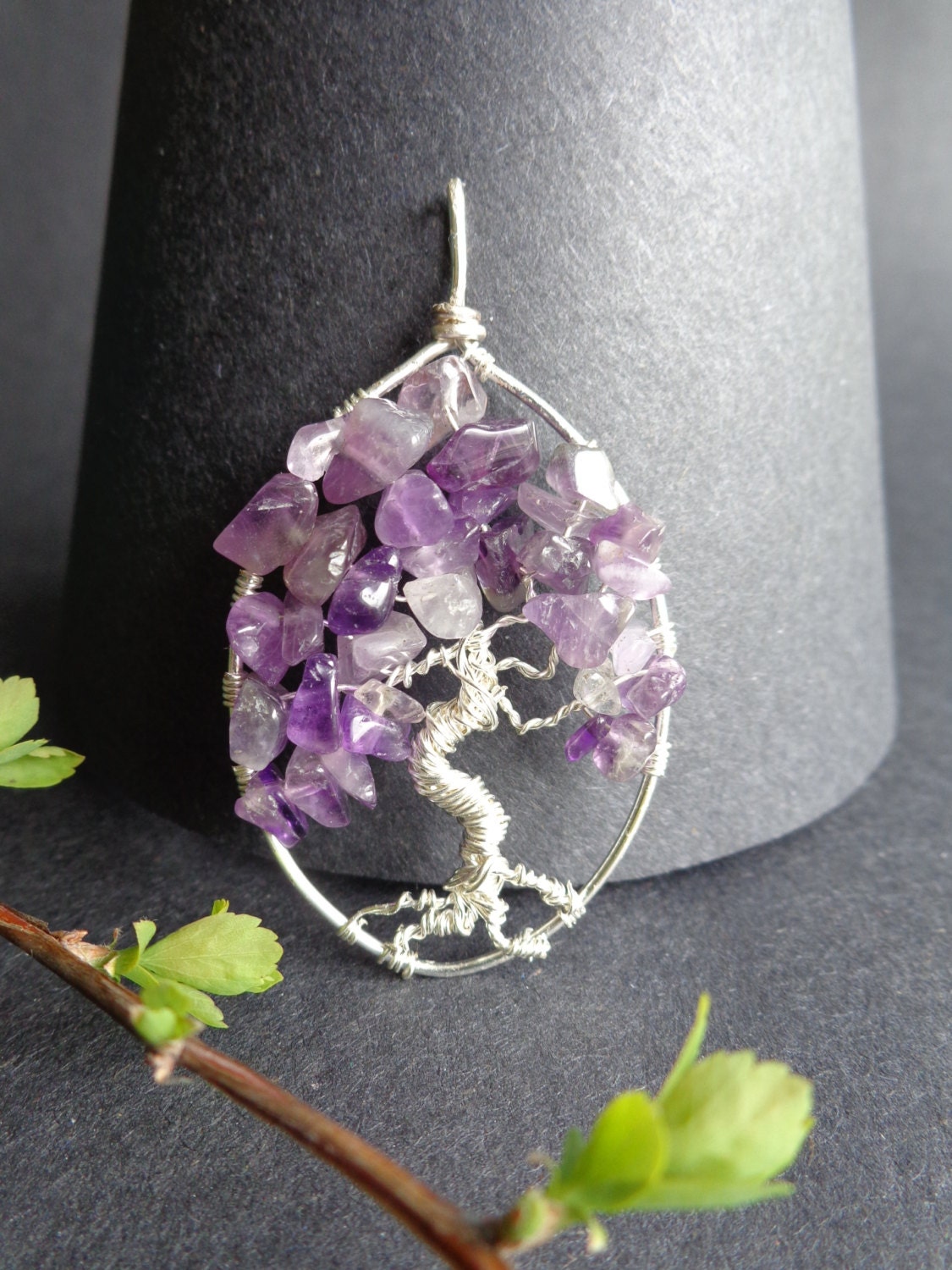Tree of Life pendant, wire wrapped,amethyst chip beads, silver plated wire, handmade by Iris Jewelry Creations.