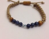 Blue sponge coral 6mm beads Tan waxed cotton cord macramé square knot adjustable bracelet