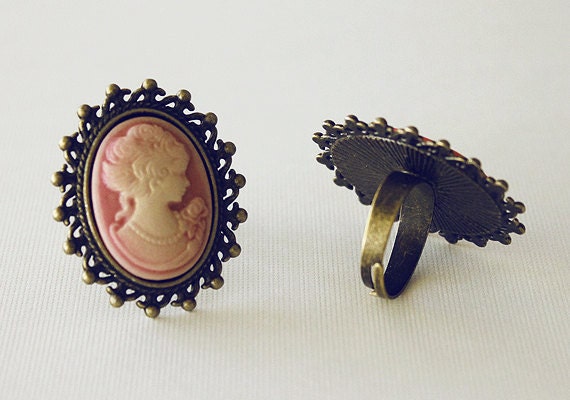 Pink Victorian Lady Antique Bronze Adjustable Ring - pajewelry