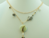 Gold Double Strand Chain with Semi Precious Stones,Pearls and Metal Beads