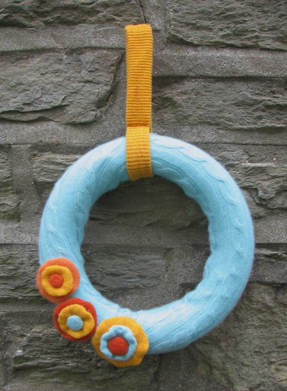 Textured Light Blue Recycled Felted Cable Sweater Wreath with Handmade Flowers 12"