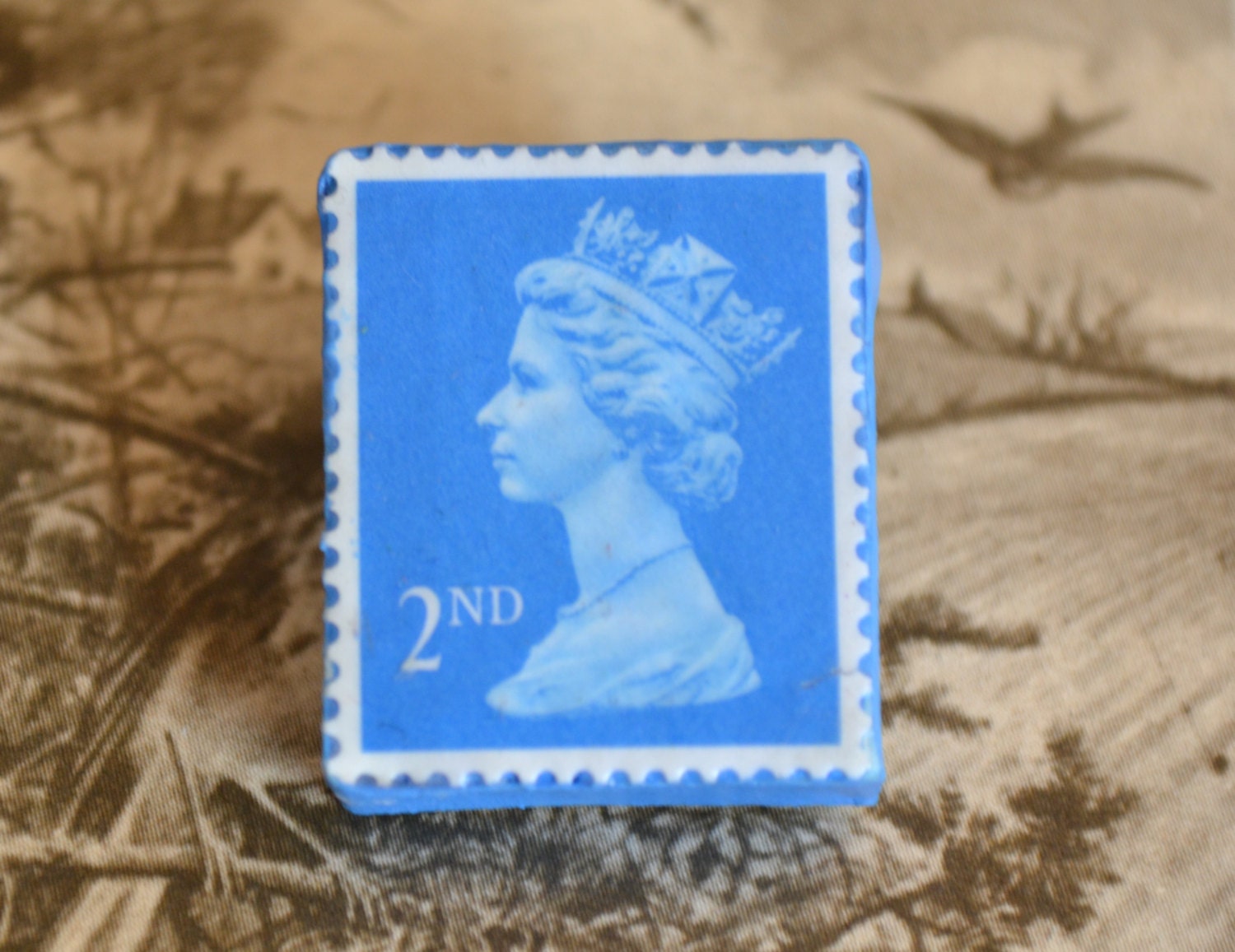 Handmade Brooch - Postage Stamp - English -  Queen Elizabeth II - Royal Blue - Portrait - England - Monarch Head - British