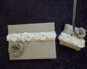 Beautiful Rustic Country Western Wedding Burlap Shabby Chic Rose Ring Pillow Flower Girl CUSTOM Guest Book and Pen Set Hand Crafted Made