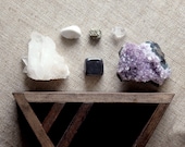 crystal and mineral stone collection in handmade triangle wood curio shelf