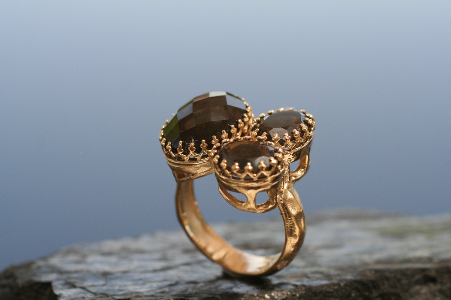 Cocktail Smoky Filigree Gold Ring - 14k Yellow Gold Over Brass- Impressive Vintage Gem Stone Ring