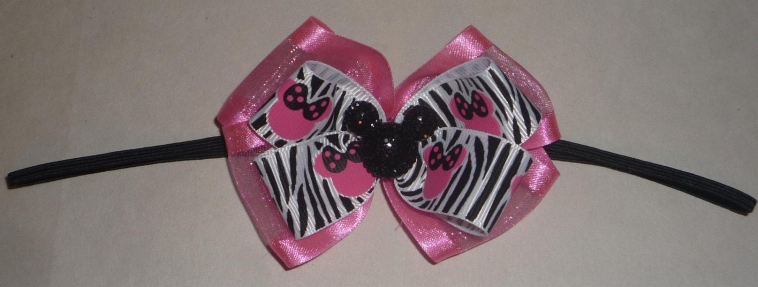 Hot Pink Zebra Mickey Minnie Mouse Hairbow Skinny Headband Bow Toddler Baby Girls