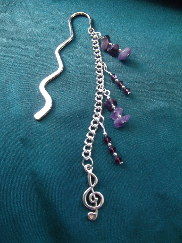 Antique Silver Bookmark with Amethyst Chips, Amethyst Swarovski Crystals & Treble Clef Charm