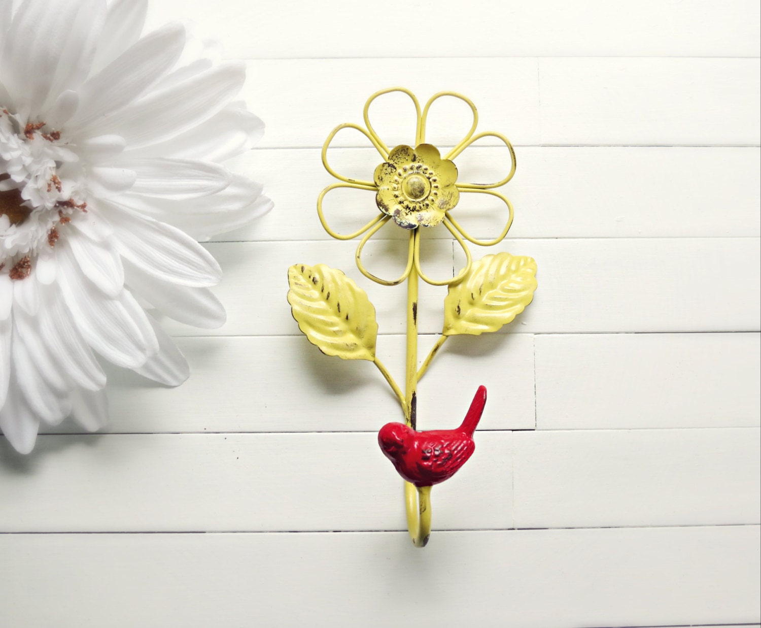 Metal Flower Wall Decor / Metal Hook / Garden Decor / Flower Decoration / Bird Home Decor / Bird Hook / Spring Decor / Shabby Chic