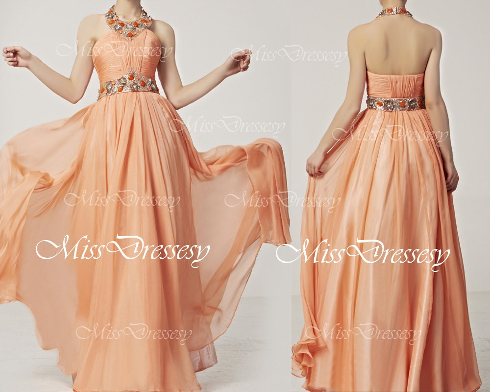 Halter O Neck with Crystal Orange Floor Length Chiffon Long Evening Dress, Prom Dresses, Wedding Party Dress, Evening Gown, Formal Gown
