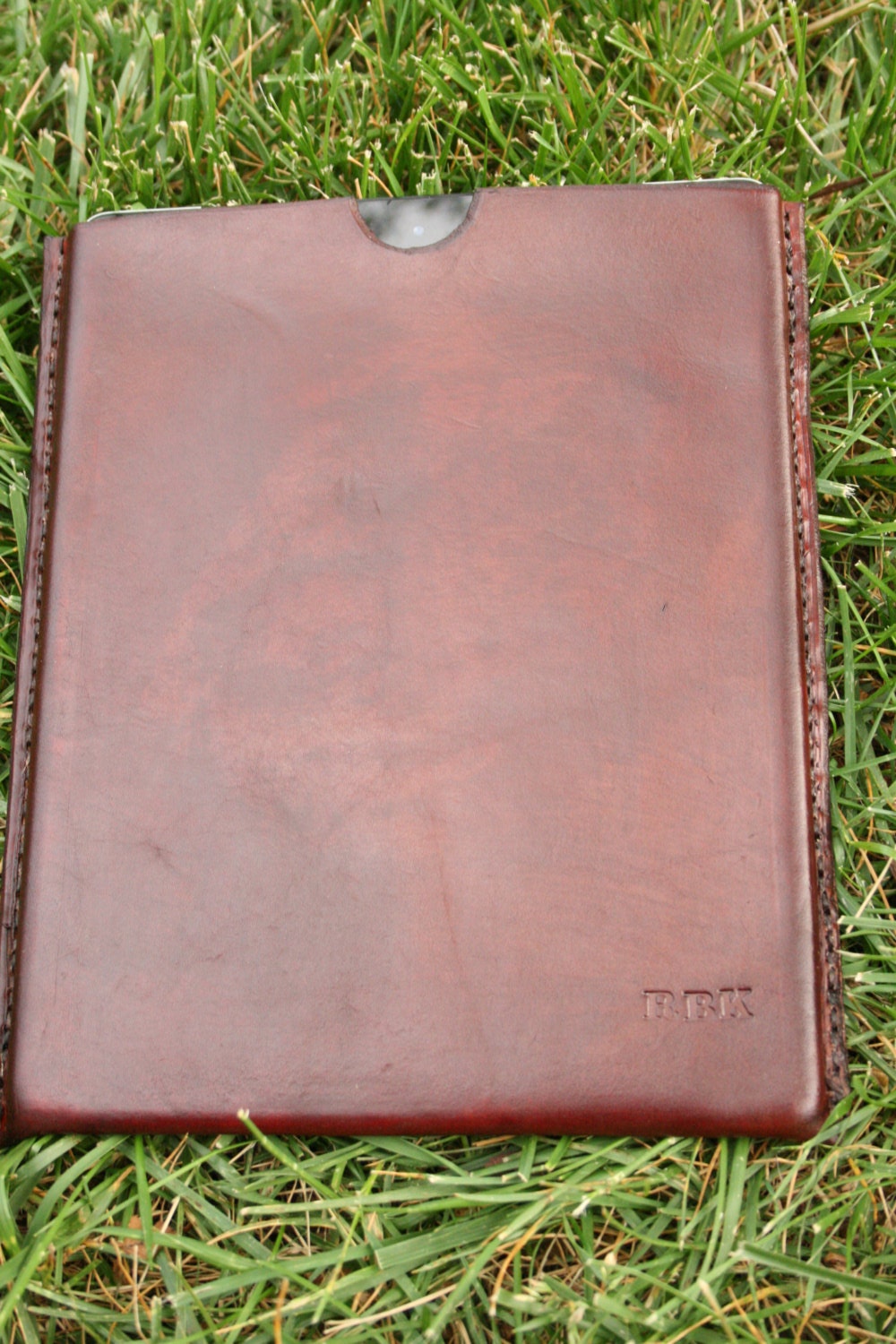 Handmade, hand-stitched leather iPad case, monogrammed