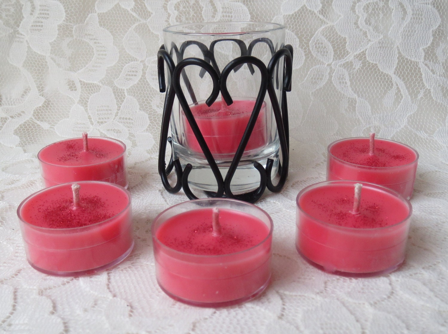 Red Velvet Cake Soy Wax Tea Lights Set of 6 with Heart Candle Holder