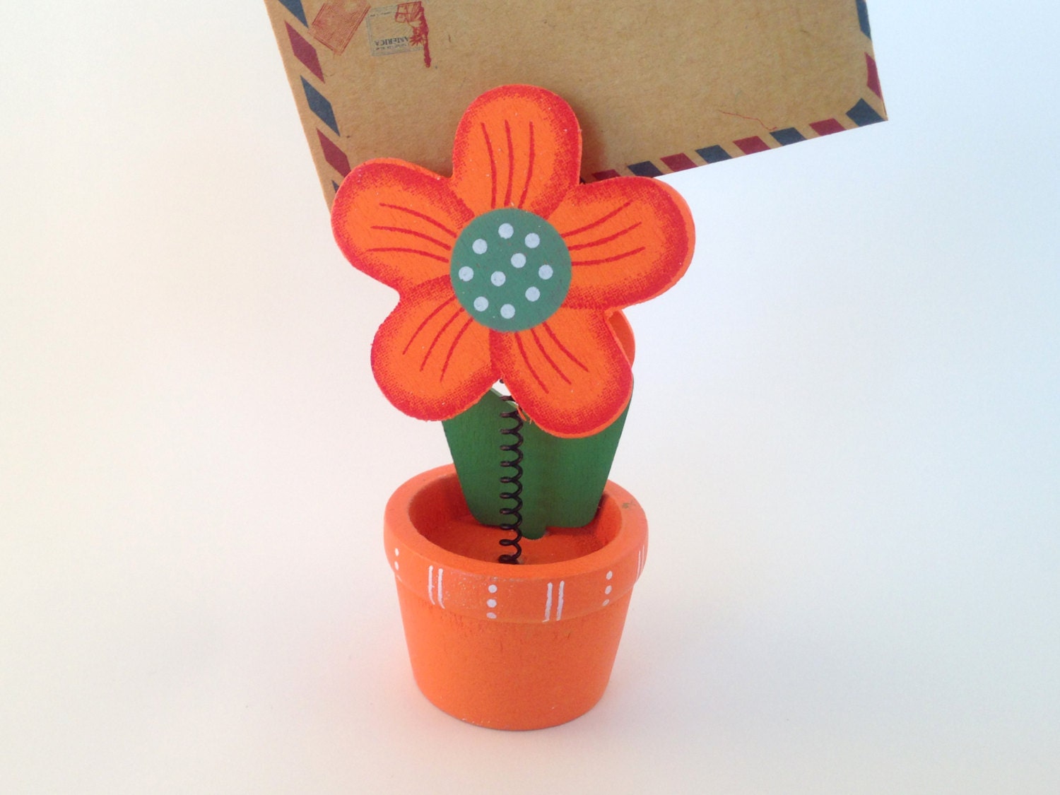 Handmade Orange Daisy Flower Pot Card Holder, Photo Clip, Wooden - Paper Clip, Tag Holder, Clamp, Office Supply