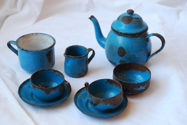 Antique Victorian Miniature Tin Metal and Porcelain Enamel Doll Dishes Tea Set Late 1800's - Early 1900's