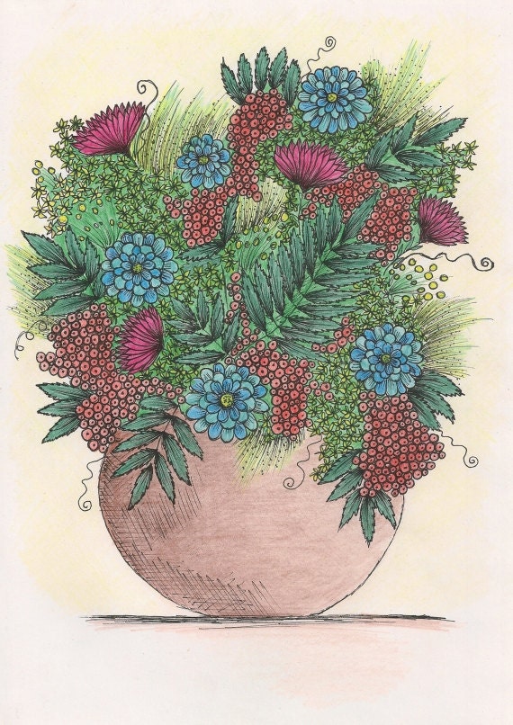 Flower Pot Bouquet - 8.3x11.7" (A4) Digital Art Print on Satin Paper, Giclee Wall Decor, Poster, Pens, Crayons, Pencils - CHOOSE 1 of 5