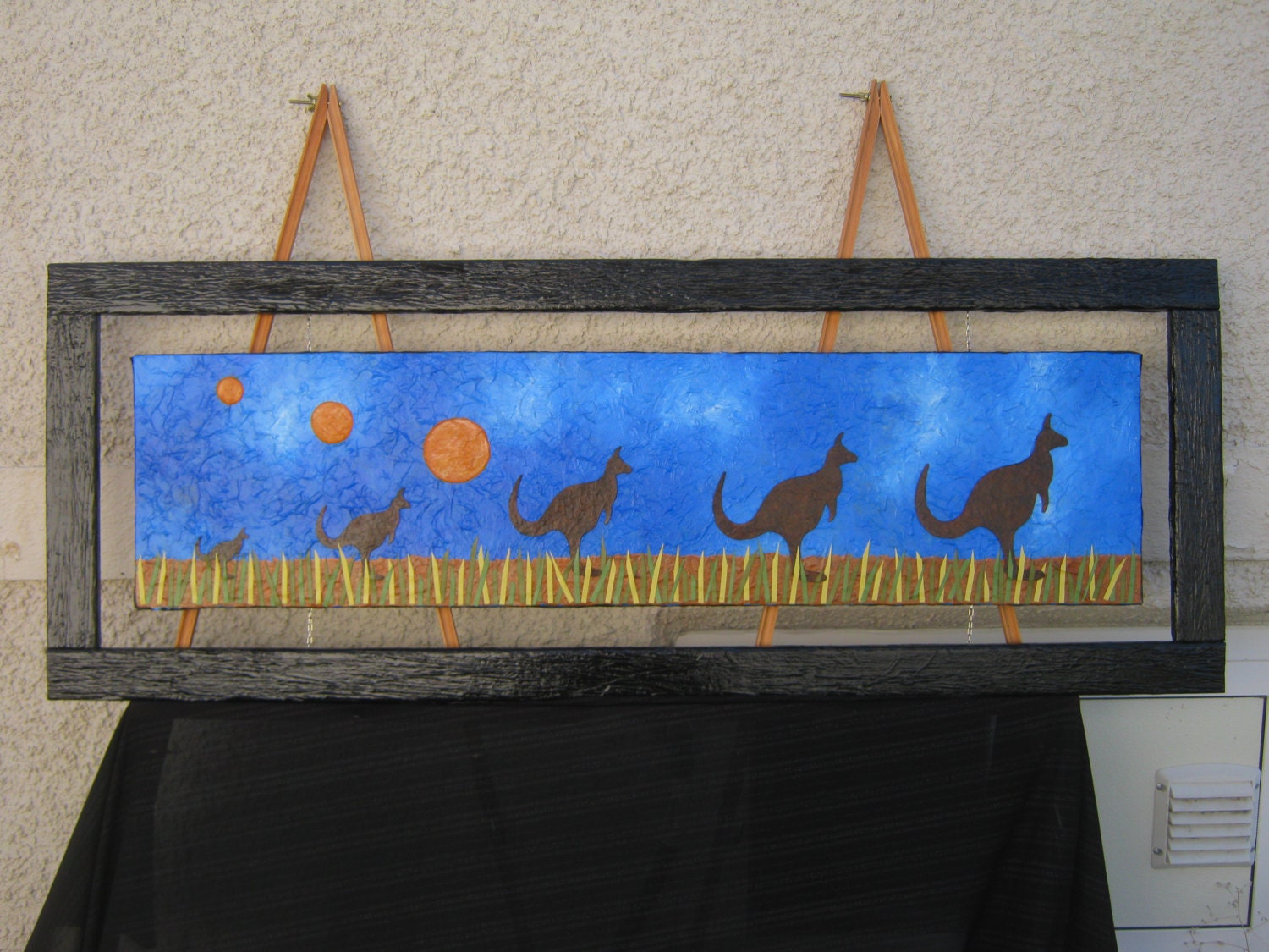 Large Framed Acrylic Mixed Media Textured Kangaroo Field Landscape Painting Wall Décor