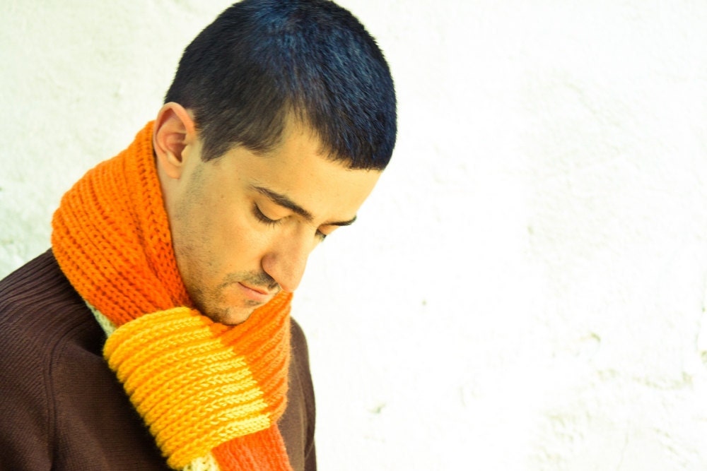 Ribbed Knit Unisex Scarf, Yellow-orange Ombre Halloween Scarf, Pumpkin Neck Warmer, brown, stripes