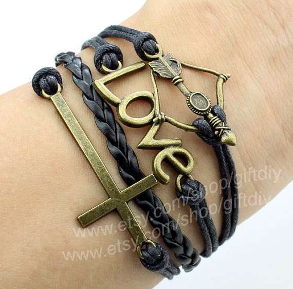 antique bronze cross bracelet, Love Bracelet,Bow and arrow  bracelet---god bracelet, Best Gift