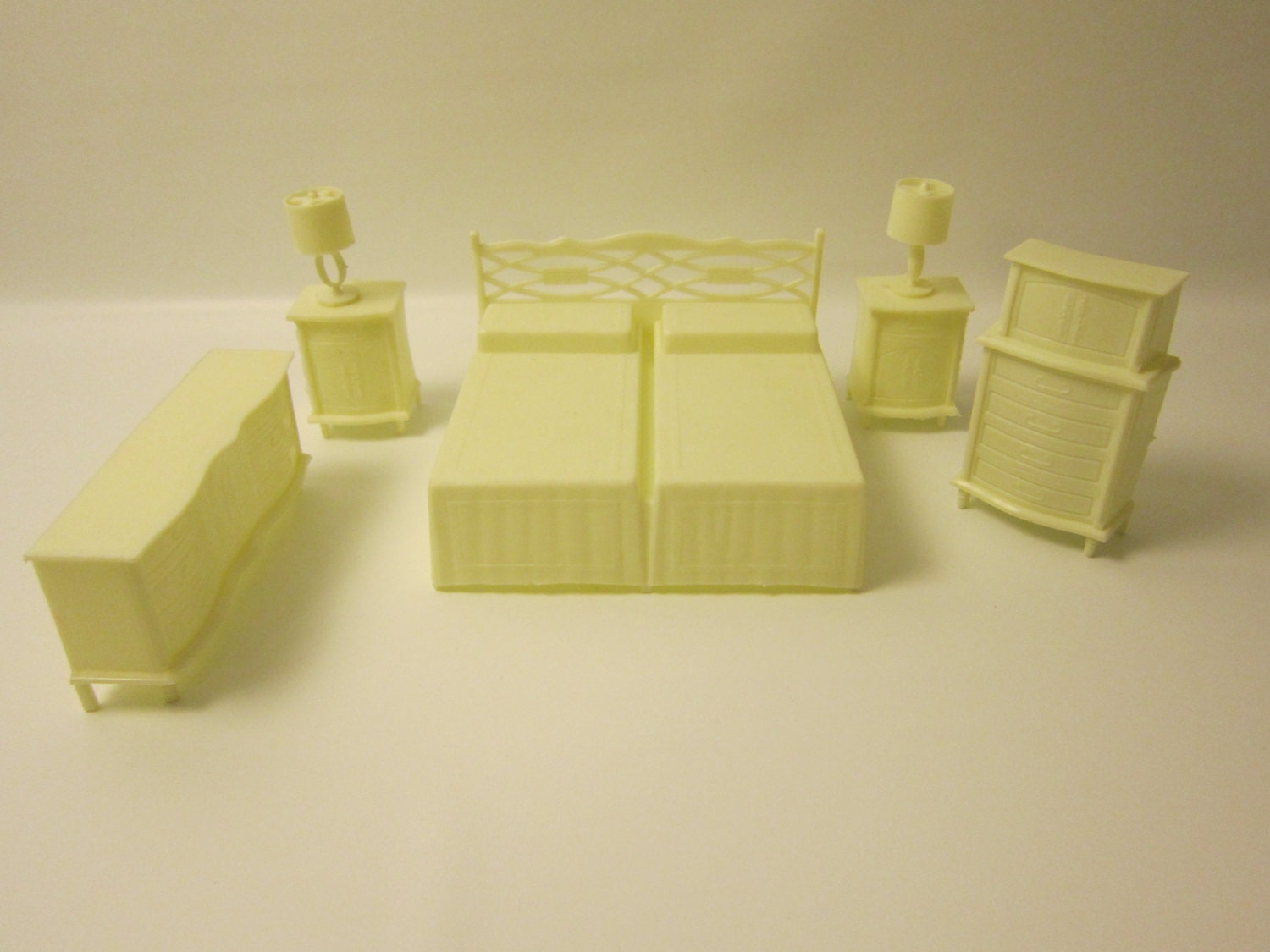 Vintage Plastic MPC Dollhouse Furniture, 7 Piece White Bedroom