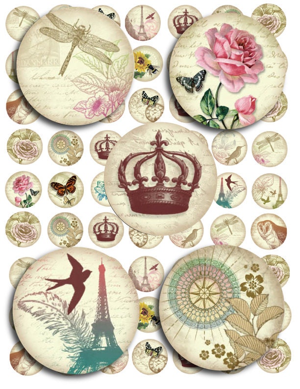 1 Inch Circle Romantic Paris Sweetheart Butterflies Digital Collage Sheet
